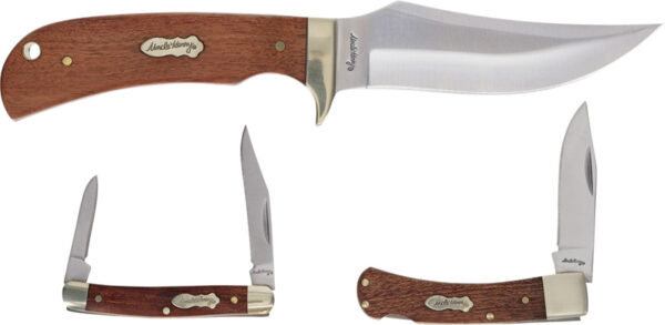 Satin finish stainless blade. Brown wood handle. Nickel silver bolster(s). Includes: 8.5" overall fixed blade with 4" clip point blade; 2.88" closed lockback with 1.88" blade; 2.75" closed folder with clip and pen blades; Gift tin. Clam packed.